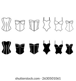 Conjunto de Vector de icono de corsé. par de estancias ilustración signo colección. símbolo de la ropa de base o logotipo.