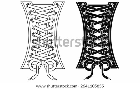 Corset lace vector illustration with front view, detailed shoelace loop design, black and white version, ideal for fashion, apparel, tailoring, or vintage themes.outline silhouette corset lace icon. 