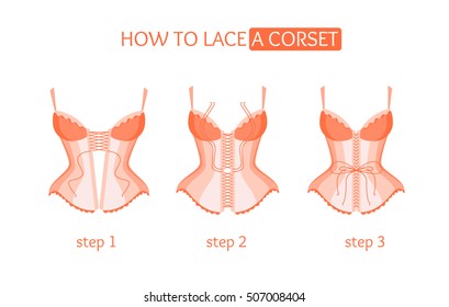 Corset Lacing. How To Lace To Woman Dress Step By Step. Vector Illustration Flat Styled Tree Red Beautiful Retro Clothes Vogue With Ribbons. Burlesque Icon Girl Cloth