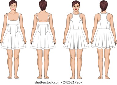 Corset mini Dress technical fashion Illustration. Dress with shoulder straps technical drawing template, slim fit, zip-up, front and back view, white color, CAD mockup