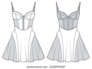 Corset mini Dress technical fashion illustration. Bustier Dress fashion flat technical drawing template, straps, front zipper, cutouts, front and back view, white, women Dress CAD mockup.