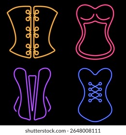 grupo de ícones de neon do corset, ilustração vetorial no plano de fundo preto.