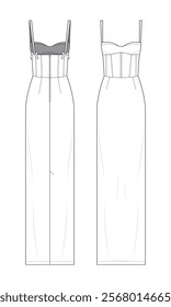 Corset Pencil Dress Technical Fashion Illustration. Long dress with sweetheart neckline, structured corset bodice, thin straps, and fitted pencil skirt. Front view. Elegant silhouette. CAD mockup.