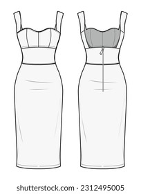 Corset Sleeveless Bodycon Dress Front and Back View. Fashion Illustration, Vector, CAD, Technical Drawing, Flat Drawing, Template, Mockup.