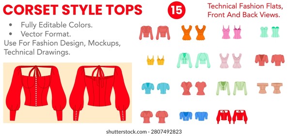 Corset Style Tops collection featuring editable technical fashion flats with front and back views, color versions, shaped waists and fitted corset silhouettes. Vector illustration