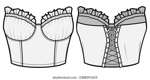 Corset Top, Bohemian Tube Top Fashion Flat Sketch Vector Illustration, CAD, Technical Drawing, Flat Drawing, Template, Mockup.