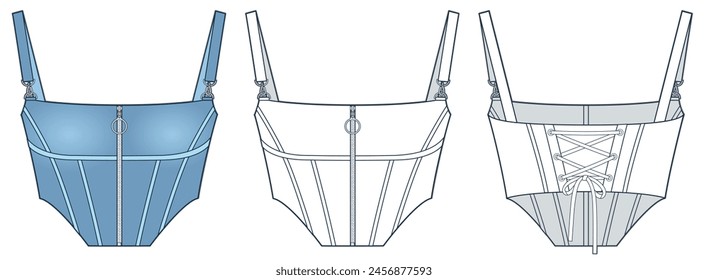 Corset Top technical fashion Illustration. Denim Corset fashion flat technical drawing template, strap, lace-up, slim fit, front and back view, white, blue, women Top CAD mockup set.