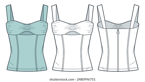 Corset Top technical fashion illustration. Bustier Top fashion flat technical drawing template, draped, straps, back zipper, slim fit, front and back view, white, aqua green, women CAD mockup set.