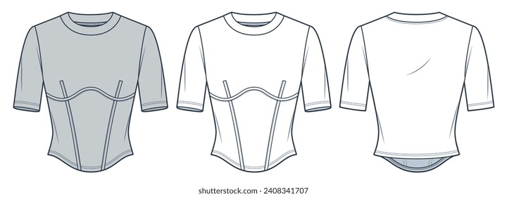 Corset T-Shirt fashion flat technical drawing template. Slim Fit Tee Shirt technical fashion illustration, short sleeve, round neck, front and back view, white, grey color, Women's Top CAD mockup set.