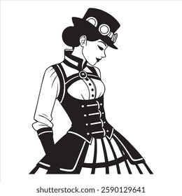 corseted dress featuring an array of gears, buckles, and lace, with a high collar and a full, layered skirt. The ensemble is completed with a matching top hat and goggles.