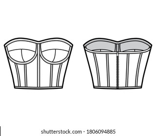 Corset-style bustier top technical fashion illustration with molded cups, close fit back zip fastening with cropped length. Flat apparel template front back white color. Women men unisex shirt CAD mockup