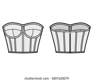 Corset-style bustier top technical fashion illustration with molded cups, close fit, back zip fastening, cropped length. Flat apparel template front, back grey color. Women men unisex shirt CAD mockup