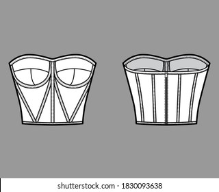 Corset-style bustier top technical fashion illustration with molded cups, close fit, back zip fastening, cropped length. Flat apparel template front back white color. Women men unisex shirt CAD mockup