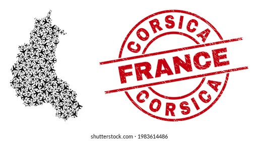 Corsica France distress stamp, and Champagne Province map collage of aircraft elements. Mosaic Champagne Province map constructed of aircraft. Red stamp with Corsica France caption,