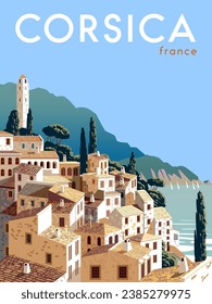 Corsica France Travel poster. Handmade drawing vector illustration. 