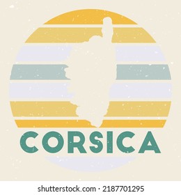 Corsica logo. Sign with the map of island and colored stripes, vector illustration. Can be used as insignia, logotype, label, sticker or badge of the Corsica.