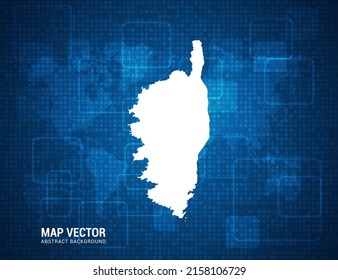 Mapa de Córcega con textura de tablero de píxeles con tecnología de fondo azul abstracto.