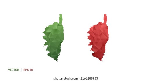 Corsica map of abstract vector polygon set couple color green and red.