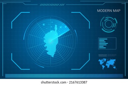 Mapa de Córcega del radar de la tecnología de cuadro digital azul HUD, GUI, interfaz de interfaz de usuario.