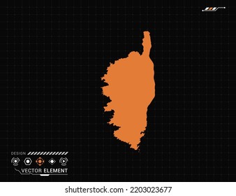 Corsica map of orange digital frame HUD, GUI, UI interface technology radar vector.