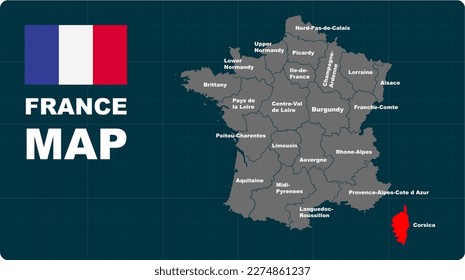 Corsica Map, Corsica red highlighted in 🇫🇷 FANCE 🇫🇷 map, flat design illustration vector