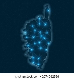 Corsica network map. Abstract geometric map of the island. Digital connections and telecommunication design. Glowing internet network. Classy vector illustration.