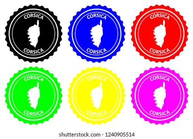 Corsica - rubber stamp - vector, Corsica map pattern - sticker - black, blue, green, yellow, purple and red