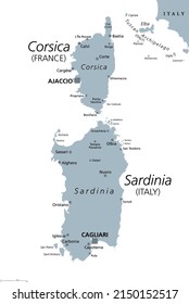 Corsica and Sardinia, gray political map. French and Italian islands, with capitals Ajaccio and Cagliari, in the Mediterranean Sea, west of Italian Peninsula and Tyrrhenian Sea, south of Ligurian Sea.