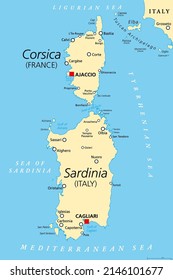 Corsica and Sardinia, political map. French and Italian islands, with capitals Ajaccio and Cagliari. Islands in Mediterranean Sea, west of Italian Peninsula and Tyrrhenian Sea, south of Ligurian Sea.