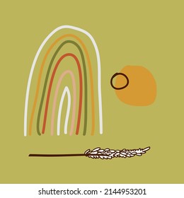 Cortaderia selloana, trend decorative grass for interior, dried stabilized plant. Boho and eco, scandi, minimalism template. Abstract poster with rainbow, geometric shapes, branch interior design
