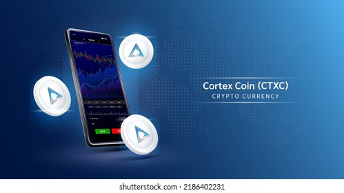 Cortex coin and Phone. App for trading crypto currency on the touch screen smartphone. Data analytics stock market. Mobile banking cryptocurrency. Vector 3d. 