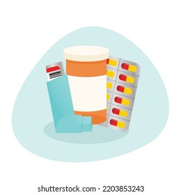 Corticosteroid and cortisone medications with an inhaler, prescription bottle, and packet of pills