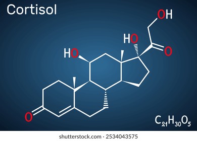 Cortisol, molécula esteroide hidrocortisona. Hormônio do estresse envolvido no metabolismo e na resposta imunológica. Estrutura química, o fundo azul escuro. Ilustração vetorial