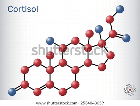 Cortisol, hydrocortisone steroid molecule. Stress hormone involved in metabolism and immune response. Chemical structure. Sheet of paper in a cage. Vector illustration