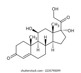 Kortisol Molekularstruktur. Cortisol ist ein Steroidhormon, das das Spannungsverhalten, den Stoffwechsel, den Blutdruck, den Blutzucker und den Schlafweckzyklus regelt. Vektor-Strukturformel der chemischen Verbindung