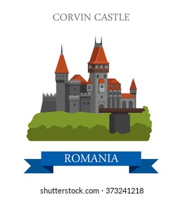 Corvin Castle in Romania. Flat cartoon style historic sight showplace attraction web site vector illustration. World countries cities vacation travel sightseeing collection.