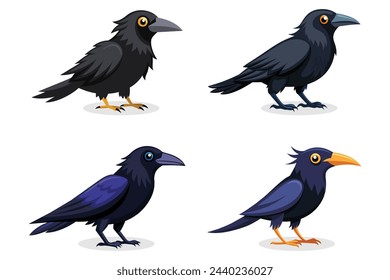 Conjunto de colección de aves de cuervo aislado ilustración vectorial plana