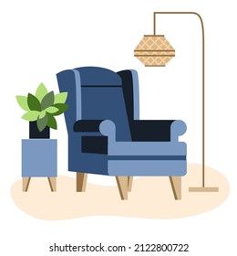 Cory indoor interior with living room furniture: blue arm chair, plant and lighting. Flat vector illustration isolated on white background