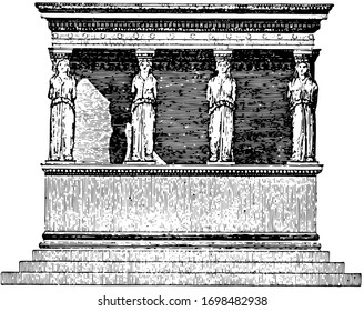 Coryatic Portico, Temple in Acropolic, vintage engraving.