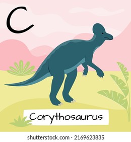 Corythosaurus dinosaur. Letter C. Children's alphabet education. Vector illustration of a prehistoric dinosaur.