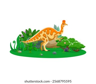 Corythosaurus prehistoric dinosaur cartoon character. Vector duck-billed herbivorous dino that lived in North America during the Cretaceous Period. Wildlife ancient animal with crest and long tail