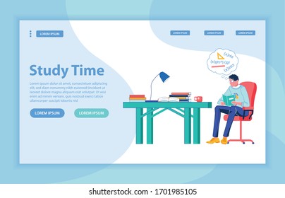 Cosine, Sine and Equation in Unknown. Student Wearing Glasses, Sitting by Table Full Book, Studying, Getting Well Prepared for Tomorrow Advanced Mathematics Class. Study Time Flat Vector Landing Page.