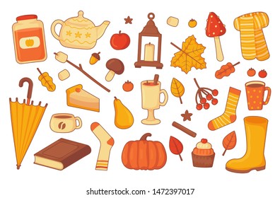 Cosiness bright autumn elements collection with oytlines