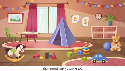 Habitaciones acogedoras para niños con juguetes y muebles. Apartamento infantil de guardería infantil para juegos y clases. Zona de preescolar con mesa, silla, cubos, cabaña, garland bandera vector plano