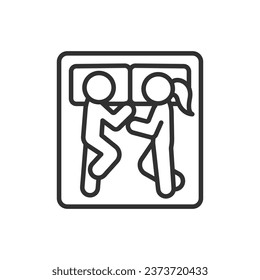 Co-sleeping. Comfortable and sleeping together, linear icon. People lying on a bed. Dream. Man and woman, top view. Line with editable stroke