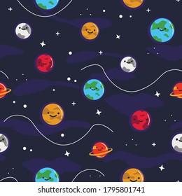 Cosmas seamless background with cute planets. Design for fabric, wallpaper, napkins, textiles,packaging, backgrounds.