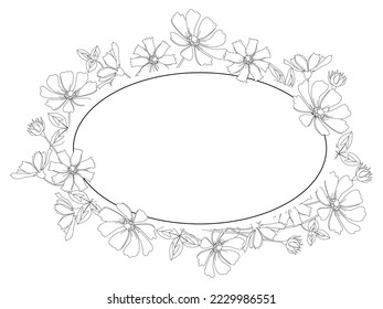 Cosmea flowers in an oval frame. Vector round wreath or garland with a Space outline or a bouquet of flowers.