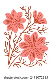 Cosmea. Modern flowers, decorative pattern of pastel colors in geometric shapes. Abstract groovy botanical poster. Aesthetic vector vintage illustration.