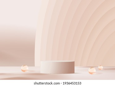 cosmetic 3d background products display podium scene with platform. background vector 3d rendering with podium. stand to show cosmetic product. Stage showcase on pedestal display beige cosmetic studio