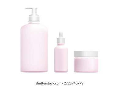 Botella de cristal rosa clara cosmética de la bomba del dispensador de la luz 3D, tarro de la crema, sistema de la maqueta del suero, fondo aislado, transparente. Cuidado de la piel textura de plástico transparente y blanca limpia. Embalaje de productos de belleza.